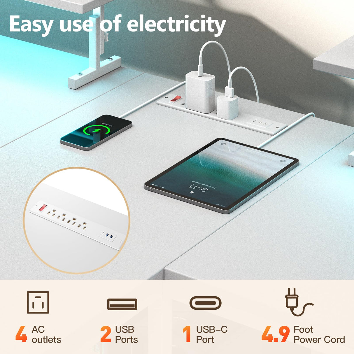 DOMICON 2 Person Desk with Power Outlet & LED Lights, Extra Long 94.5 Inch Computer Desk with Storage Shelves and Monitor Stand for Home Office, Double Gaming Desk, White DOMICON