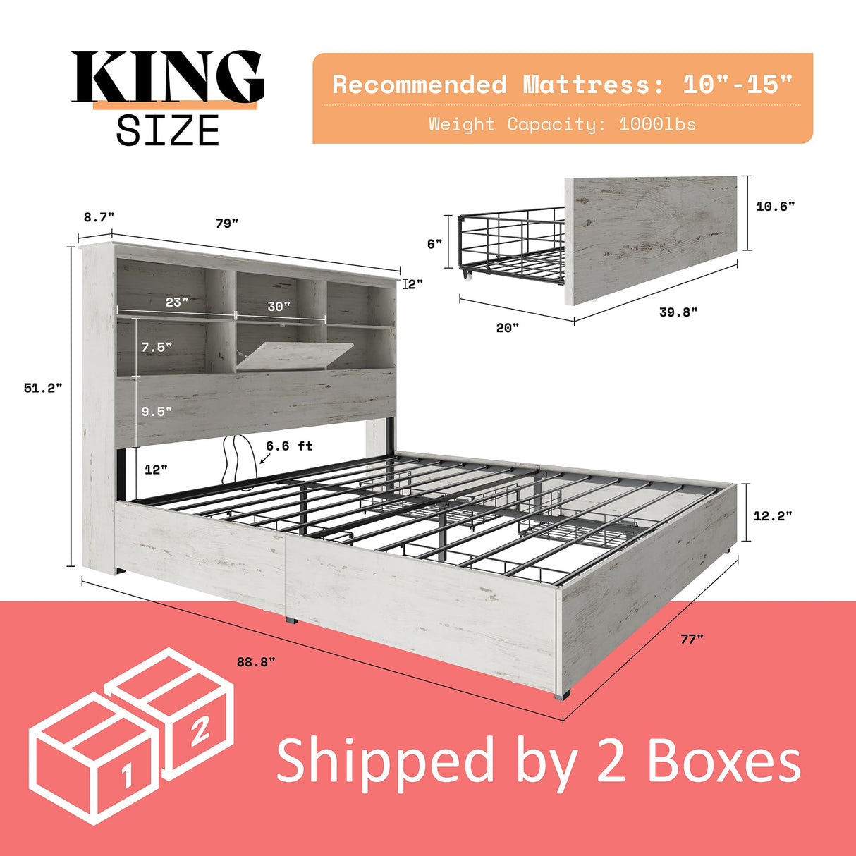 AMERLIFE Farmhouse King Size Bed Frame Wooden Platform Bed with 51.2" Storage LED Bookcase Headboard, 4 Storage Drawers & Charging Station/No Box Spring Needed/Noise Free/Distressed White AMERLIFE