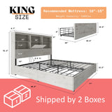 AMERLIFE Farmhouse King Size Bed Frame Wooden Platform Bed with 51.2" Storage LED Bookcase Headboard, 4 Storage Drawers & Charging Station/No Box Spring Needed/Noise Free/Distressed White AMERLIFE