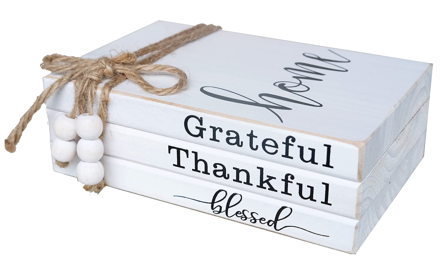 LIVDUCOT Wooden Farmhouse Decor Book Stack | Faux Book Stacks | Set of 3 Stacked Books for Coffee Tables Book Shelf Decor | Grateful Thankful Blessed Home Sign 7'x 5.5'x 2.5' - WoodArtSupply