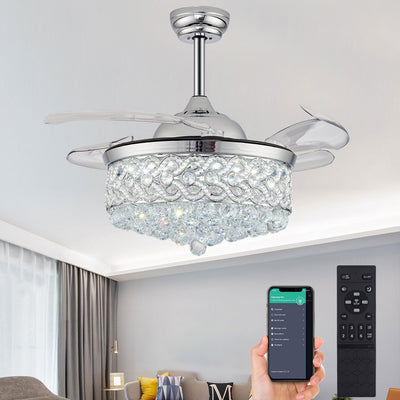 PAFRUMGE 36" Crystal Ceiling Fan with Light and Remote，Dimmable Fandelier with Invisible Retractable Blades, Modern Chandelier Ceiling Fans with Lights for Bedroom Living Room 6 Speed Chrome