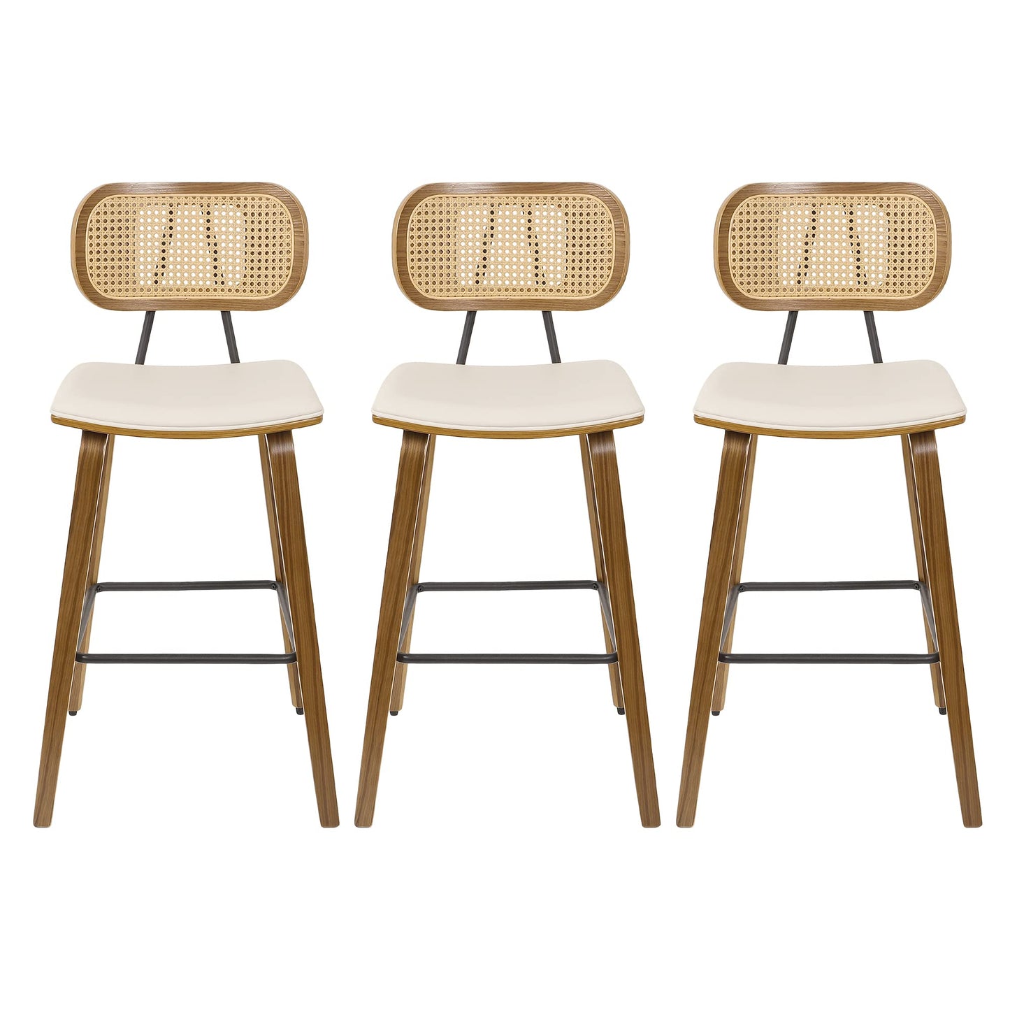 Mid-Century Modern Wood Bar Stools Set of 3 with Rattan Back and PU Leather Seat - 26" Cream White Counter Height Chairs