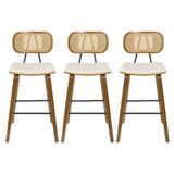 Mid-Century Modern Wood Bar Stools Set of 3 with Rattan Back and PU Leather Seat - 26" Cream White Counter Height Chairs Bekrvio