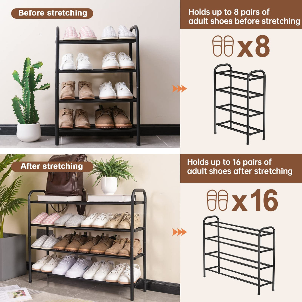 Gonfoam 4-Tier Expandable Shoe Rack,Adjustable Shoe Shelf Storage Organizer Heavy Duty Metal Free Standing Shoe Rack for Entryway Closet Doorway (Black) Gonfoam