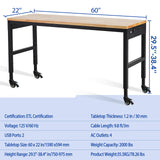 GarveeTech Adjustable Workbench 60' x 22', 2000 Lbs Load Capacity, 29.5"-38.4" Heights Garage Worktable with Universal Wheels & Power Outlet, Heavy-Duty Table for Workshop Office Home Commercial GarveeTech