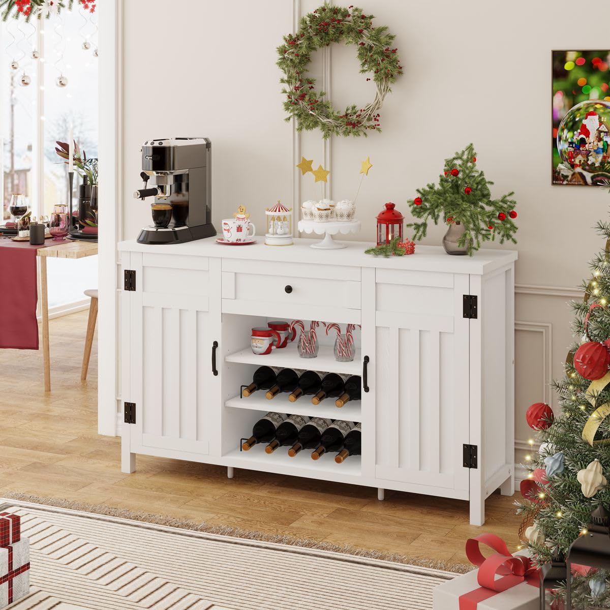 FATORRI Industrial Buffet Cabinet with Storage, Wood Buffet and Sideboard with Wine Rack, Rustic Credenza Coffee Bar Cabinet for Kitchen Dining Room (55.12 Inch, White Oak) FATORRI