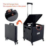 MACOPRO Folding Utility Cart Portable Rolling Crate Handcart Shopping Trolley Collapsible Tool Box, with Lid, Basket on 4 Rotate Wheels, for Grocery, Office, Luggage, Teacher (Black) MACOPRO