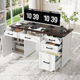 VOWNER 55" Executive Desk, Home Office Desk with Drawers and Storage Cabinet, Farmhouse Wood Desk Workspace for Work Study Writing, Charging Station, Letter/A4 File Drawer, White VOWNER