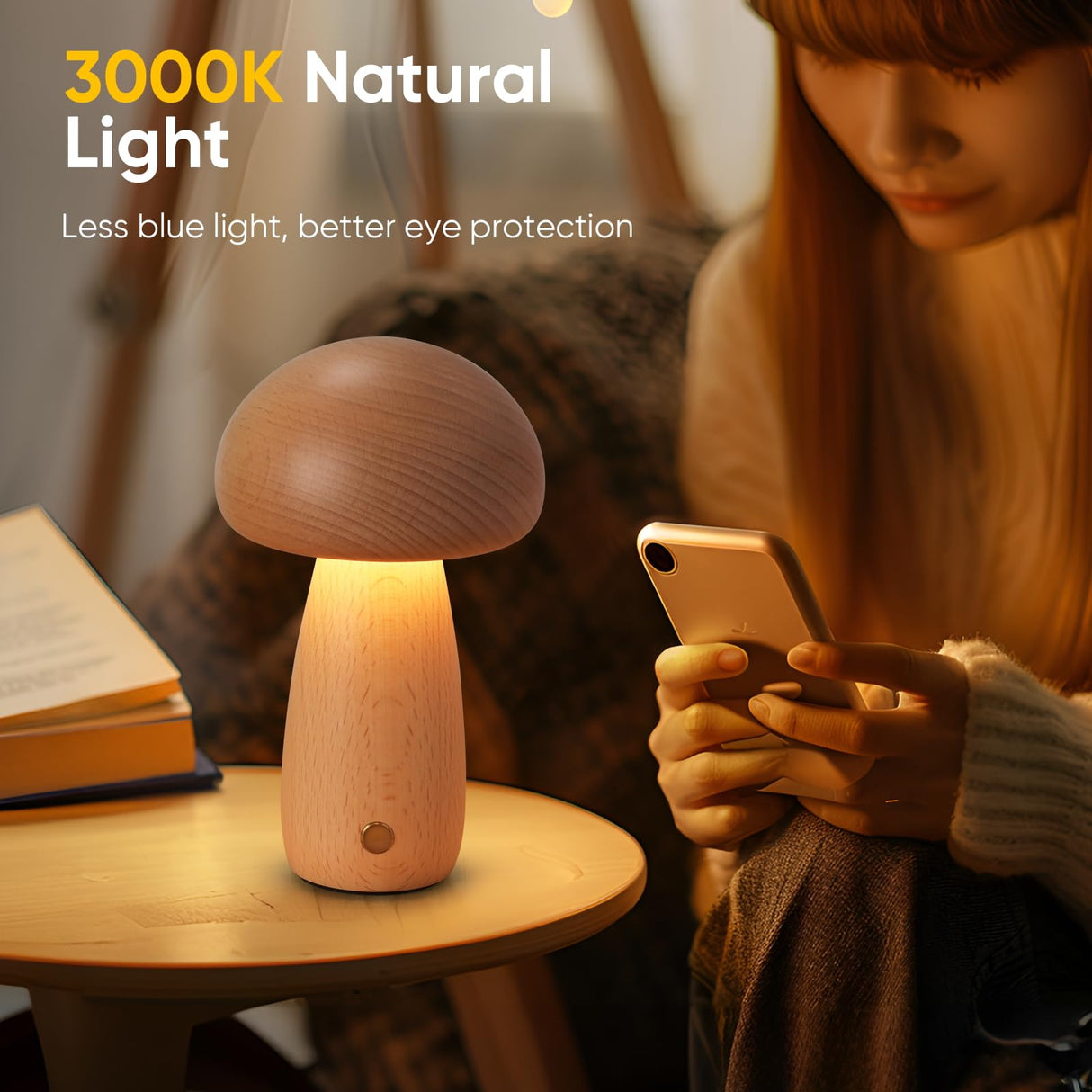 LONRISWAY Wooden Mushroom Lamp for Bedroom, Portable Cordless Small Rechargeable Battery Operated Lamp,Stepless Dimming, Night Light for Birthday Gifts LONRISWAY