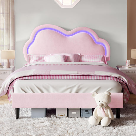 Jocisland LED Bed Frame Queen Size Velvet Upholstered Platform Bed with Adjustable Cloud Headboard, No Box Spring Needed, Easy Assembly, Pink Jocisland