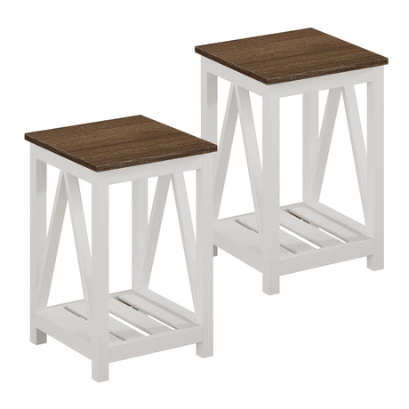 ChooChoo Farmhouse End Table, Rustic Vintage End Side Table with Storage Shelf for Small Spaces, Nightstand Sofa Table for Living Room, Bedroom White 2 Pack ChooChoo
