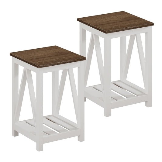 ChooChoo Farmhouse End Table, Rustic Vintage End Side Table with Storage Shelf for Small Spaces, Nightstand Sofa Table for Living Room, Bedroom White 2 Pack - WoodArtSupply