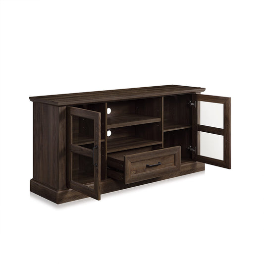 BELLEZE Rustic 62 Inch Modern TV Stand Fits TVs Up to 70 Inch, Storage Entertainment Center Console with Window Pane Glass Cabinet Doors and Adjustable Shelves - Trussati (Dark Walnut)