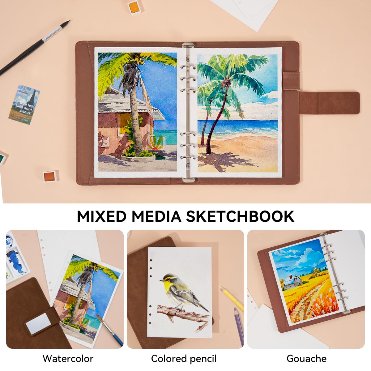 Lightwish Watercolor Sketchbook,100% Cotton Acid Free Watercolor Paper,300gsm/140lb Cold Press Watercolor Journal for Artists,Adults,Students,20 Sheets,9.25 * 6.3 Inches(Leather Brown) LIGHTWISH