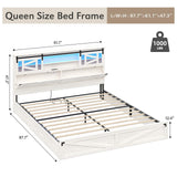 busyaeh Farmhouse Bed Frame Queen Size with Storage Bookcase Headboard, Wooden Queen Bed Frame with Charging Station & Led Light, Rustic Platform Bed Frame with Sliding Barn Door, No Box Spring Needed busyaeh