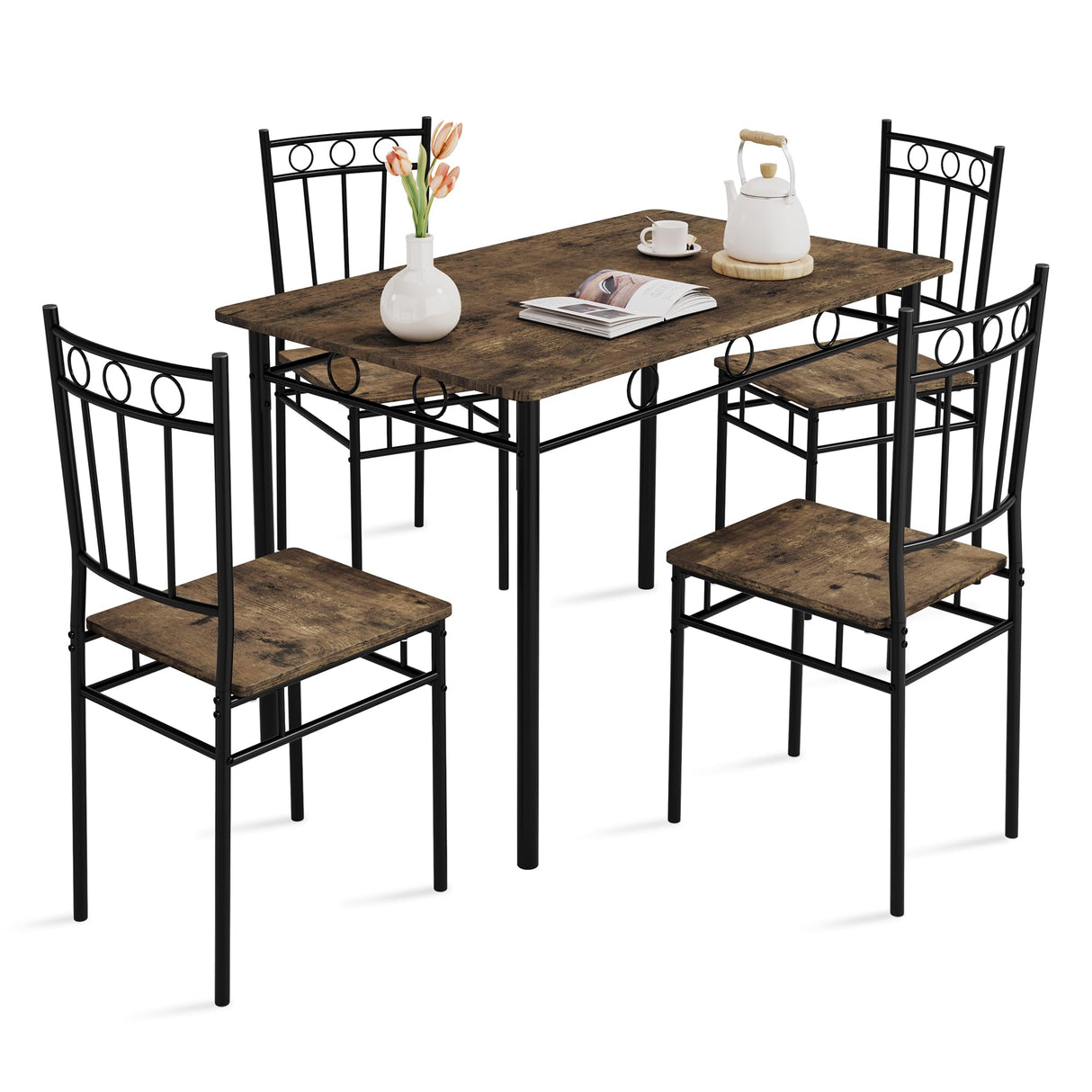Vipbear Kitchen Dining Table Set for 4, 5-Piece Kitchen Table Set,Dining Room Table Sets,Rectangular Kitchen Table Set with 4 Chairs for Small Space, Dinette,Apartment, Rustic Brown Vipbear