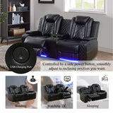 Plithzy Leather Power Recliner Sofa Set with LED, Living Room Furniture Set, Leather Sofa Set with USB Port Storage Console Cup Holder (Power Reclining Sofa Set, Black) Plithzy