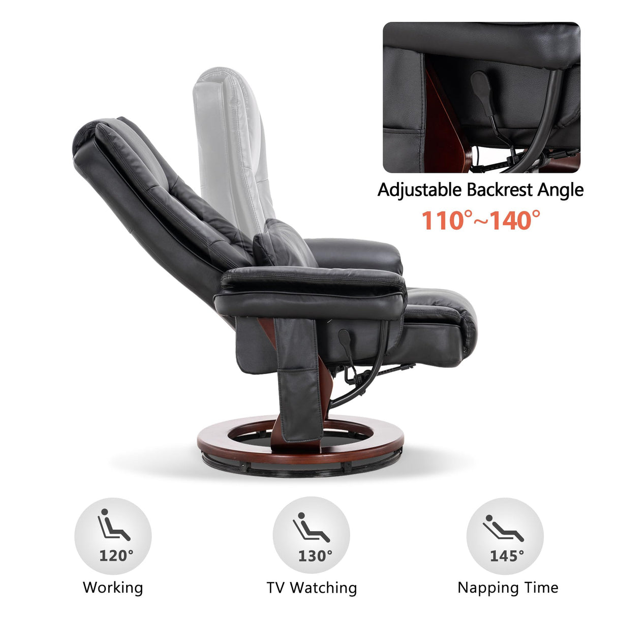 MCombo Swivel Recliner with Ottoman Chair, TV Chair Sets with Vibration Massage, for Small Space Living Room Bedroom 9096 9099 (Textile, Black) MCombo