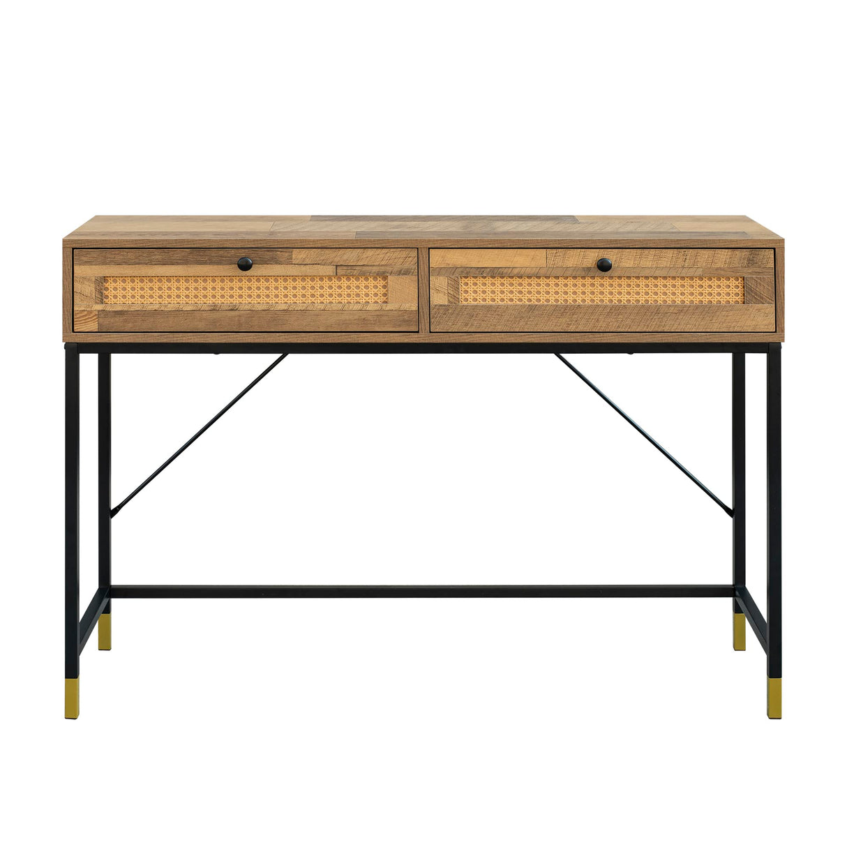 GIA Home Furniture Series Mid Century Console Table Rattan Crafted Drawers,Wood Computer Desk Installed,Salmon Oak Finishing, Black Metal Leg GIA