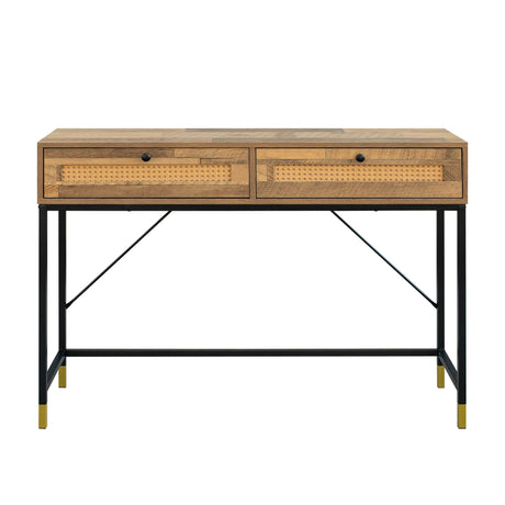 GIA Home Furniture Series Mid Century Console Table Rattan Crafted Drawers,Wood Computer Desk Installed,Salmon Oak Finishing, Black Metal Leg GIA