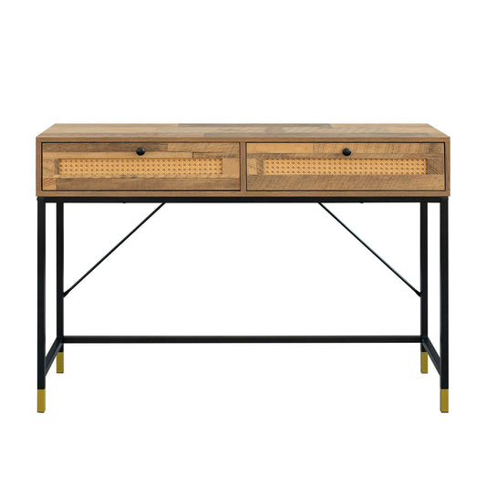 GIA Home Furniture Series Mid Century Console Table Rattan Crafted Drawers,Wood Computer Desk Installed,Salmon Oak Finishing, Black Metal Leg - WoodArtSupply