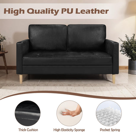 AILEEKISS 57'' Mid-Century Loveseat Faux Leather Sofa Couch with Armrest for Two People Modern 2 Seat Sofa for Living Room (2-Seater, Black) AILEEKISS