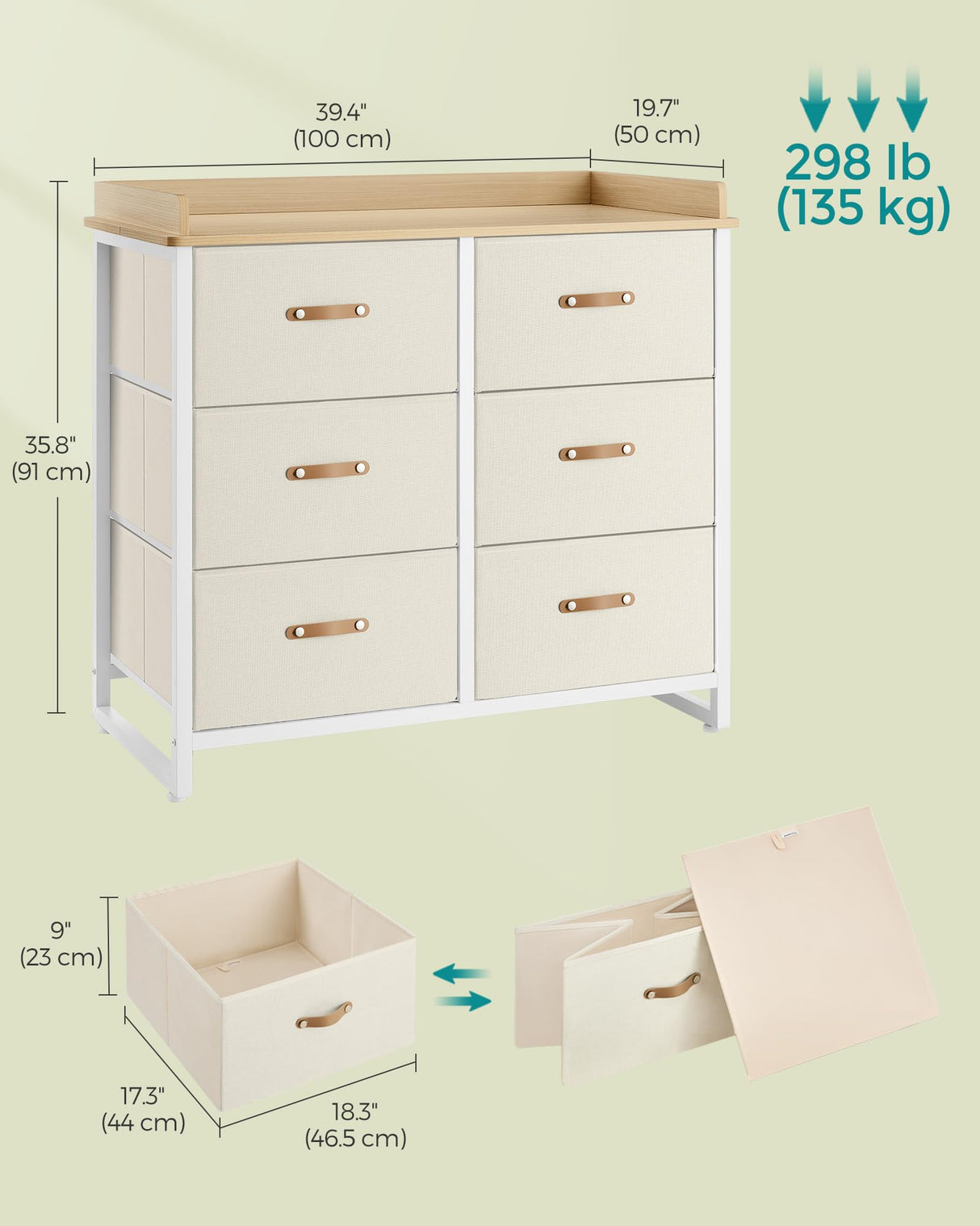 SONGMICS Kids Dresser with 6 Drawers, Boys Girls Dresser, with Water-Resistant Tabletop, Storage Organizer Cabinet, for Bedroom Hallway, Beige UGKR101K01 SONGMICS