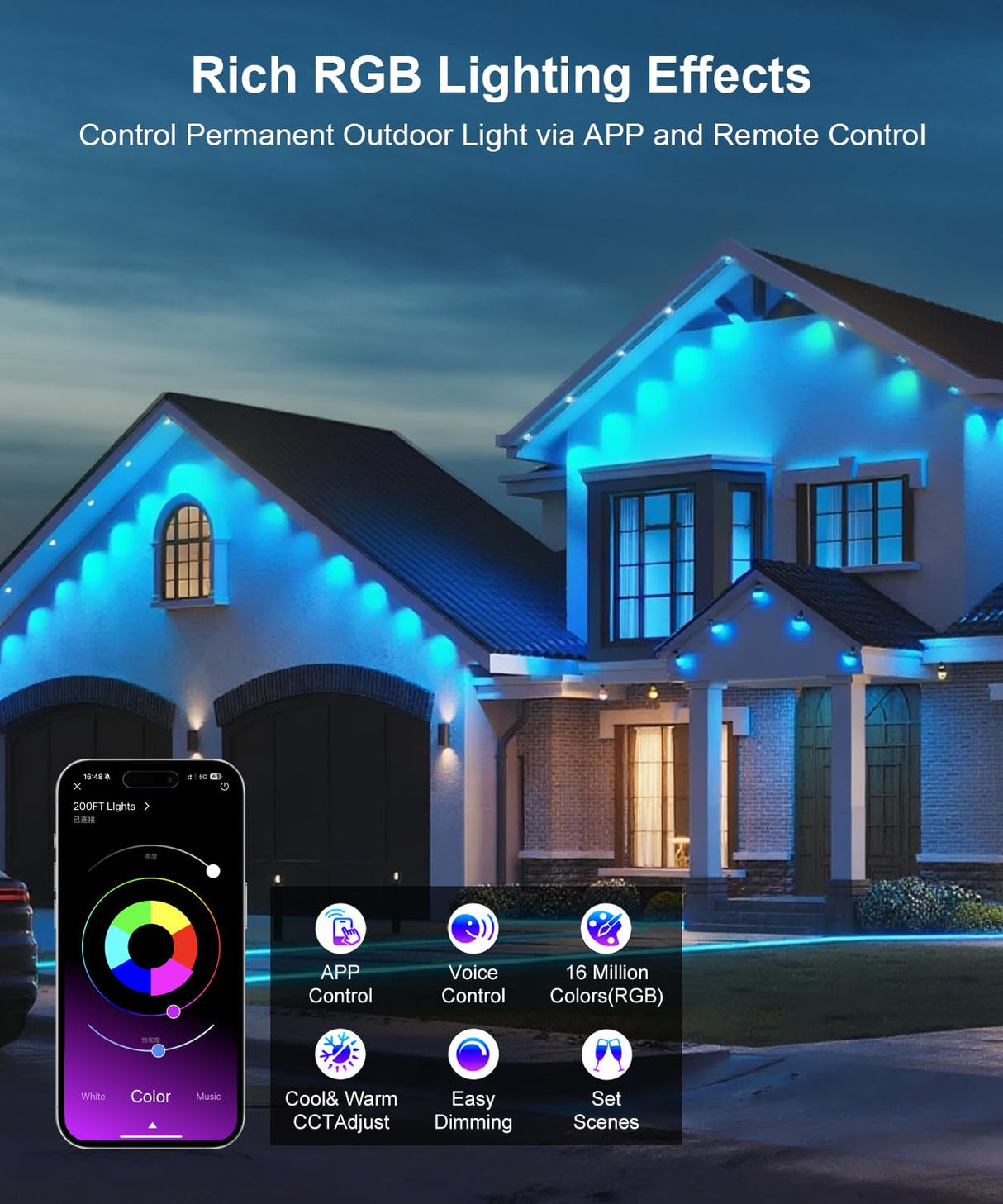 Fussion 200ft Permanent Outdoor Lights for House, 2025 Smart RGB LED Outside Lights with APP Remote Control, IP67 Waterproof Eternity Eaves Lighting for Christmas, Halloween, Holiday, Party, Daily Fussion