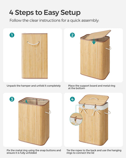 SONGMICS Foldable Laundry Hamper with Lid, 19 Gal. Bamboo Laundry Basket, Rectangular Storage Hamper with 3 Handles, 15.7 x 11.8 x 23.6 Inches, for Laundry Room, Bedroom, Natural ULCB10YV1 - WoodArtSupply