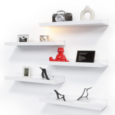 RICHER HOUSE 5 Set White Floating Shelves, Wall Mounted Shelves for Wall Decor, Modern Picture Ledge Shelf with Lip for Wall Storage Nursery, Bedroom, Living Room, Bathroom - White RICHER HOUSE