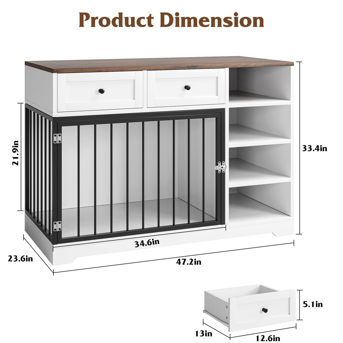 IDEALHOUSE Large Dog Crate Furniture, 47” Dog Crate with 2 Drawers and 4 Shelves, Heavy Duty Wooden Dog Crate, Decorative Dog Indoor Kennel Furniture Indoor with Storage, White - WoodArtSupply