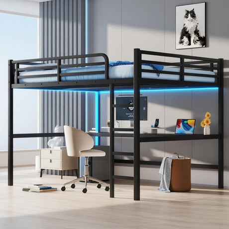 Metal Queen Size Loft Bed with Desk and Charging Station,Heavy Duty Loft Bed Frame Queen Size with LED Lights and USB for Kids,Teens,Adults,Black Desk Bellemave