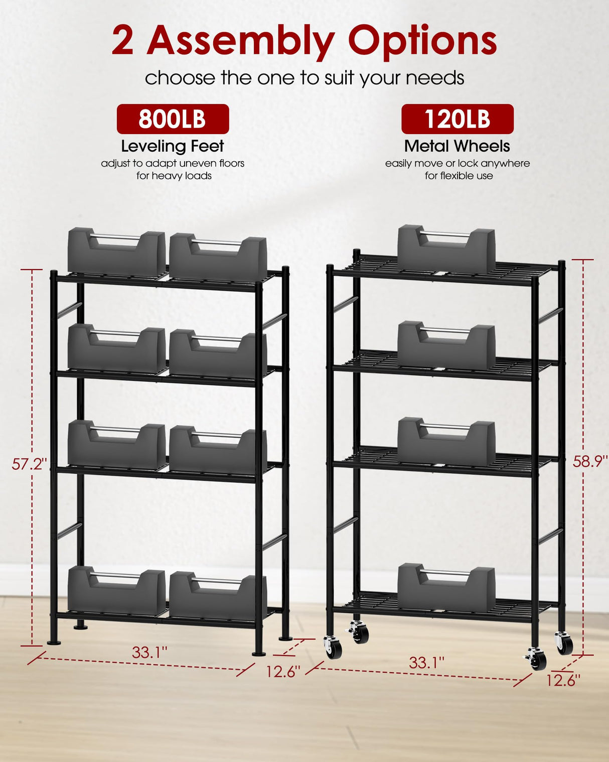Sakugi Storage Shelves Organizer - 4 Tier Metal Shelf Organizer with Metal Wheels and Adjustable Leveling Feet, Heavy Duty Garage Shelving for Kitchen, Pantry and Closet, 33.1"x12.6"x58.9", Black Sakugi
