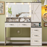 Farmhouse Vanity Desk with Mirror and 10 Led Lights, 45.3 " Large Makeup Vanity Table with Power Outlet, 5 Drawers and 1 cabinet, Vanity Set Dressing Table with 9 Hooks for Women Girls (White+Black) DINGIPP