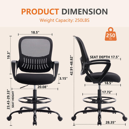 Sweetcrispy Home Office Drafting Desk Chair - Ergonomic High Stool Computer with Adjustable Height and Comfy Lumbar Support, Tall Rolling Task for Standing Desk with Fixed Arm and Footrest, Black