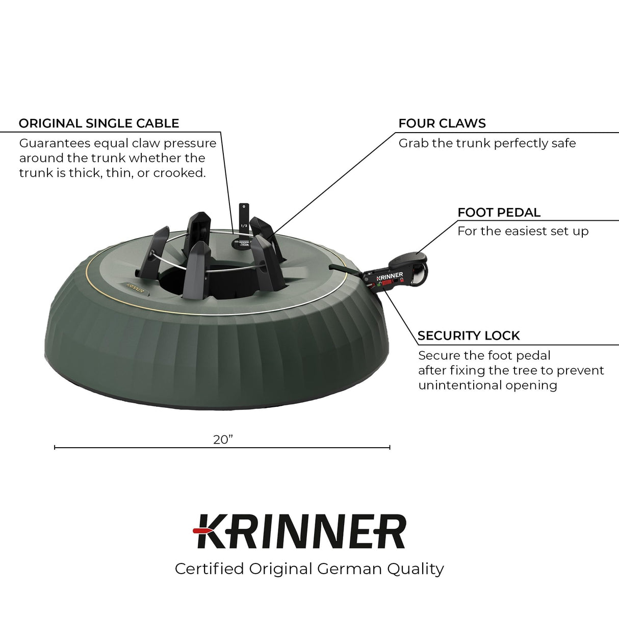Krinner Christmas Tree X-12 Deluxe - Green Tree Stand - Original Single Cable Operation, Holds up to 12 ft Live Trees - Foot Pedal Setup & Water Reservoir with Level Indicator - German Made Krinner