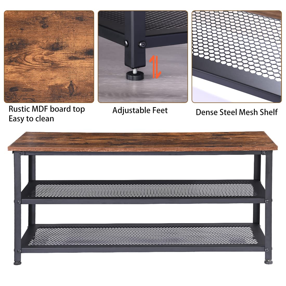 RokiaTek Shoe Bench 3-Tier Shoe Rack 39.4" for Entryway, Storage Organizer Entry Bench with Mesh Shelves Wood Seat for Hallway, Living Room, Steel Frame, Rustic Brown and Black RokiaTek