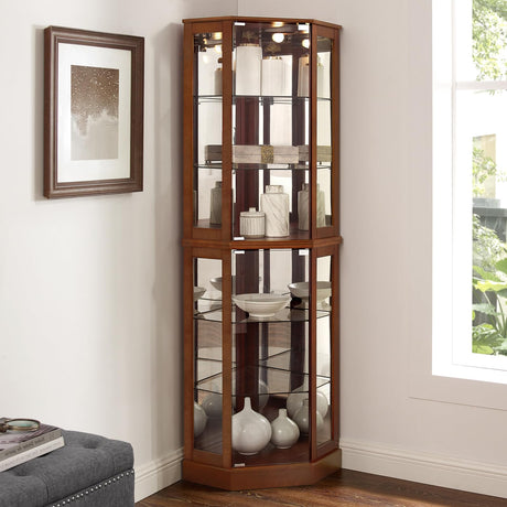 Lighted Curio Cabinet Corner Display Case for Living Room, China Hutch with Tempered Glass Doors and Shelves, Wooden Accent Cabinet, Bar and Liquor Storage Area(E26 light bulb not included) (Walnut) Majnesvon
