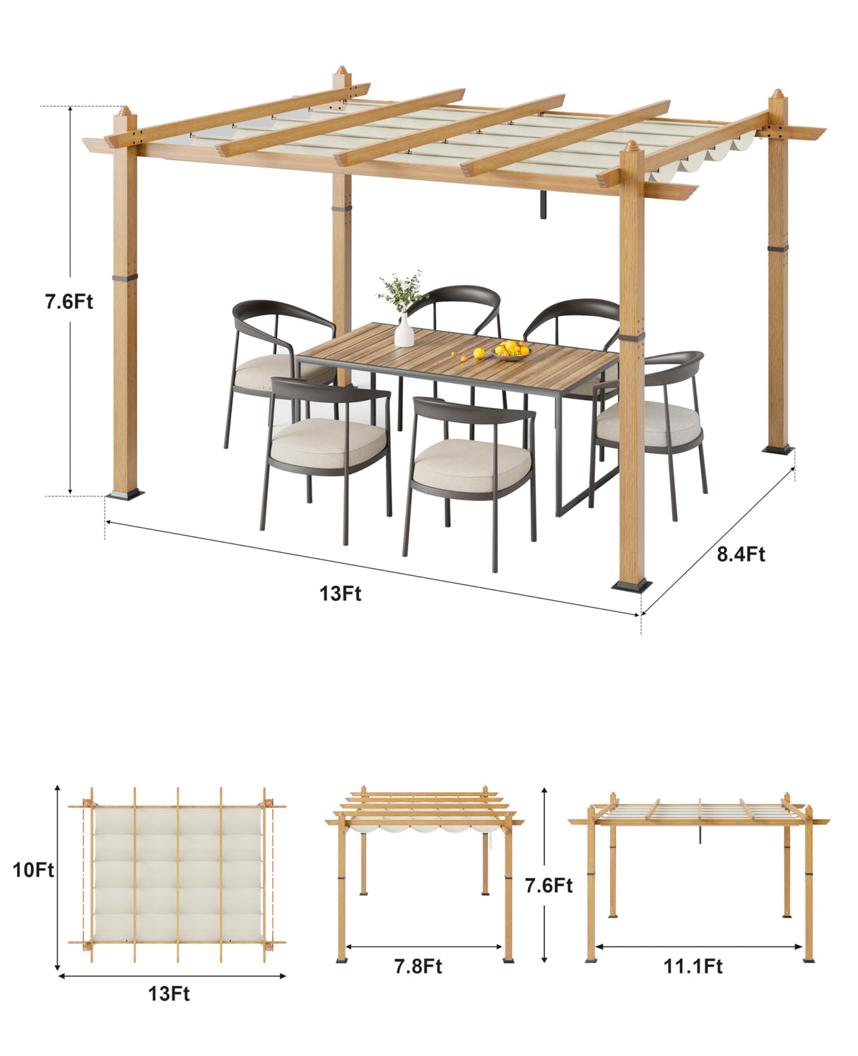 10x13 Ft Outdoor Retractable Pergola Aluminium Pergola Canopy with Adjustable Roof, Upgraded Faux Wood Grain Modern Metal Patio Gazebo for Deck, Backyard Garden, Porch, Grape Trellis, Beige GustoWave