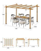10x13 Ft Outdoor Retractable Pergola Aluminium Pergola Canopy with Adjustable Roof, Upgraded Faux Wood Grain Modern Metal Patio Gazebo for Deck, Backyard Garden, Porch, Grape Trellis, Beige GustoWave