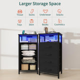 Yoobure Night Stand - Small Dresser for Bedroom, LED Black Nightstand with Charging Station, Bedside Table with 4 Fabric Drawers and Open Shelf, Vertical Dressers with USB Ports and Outlets Yoobure