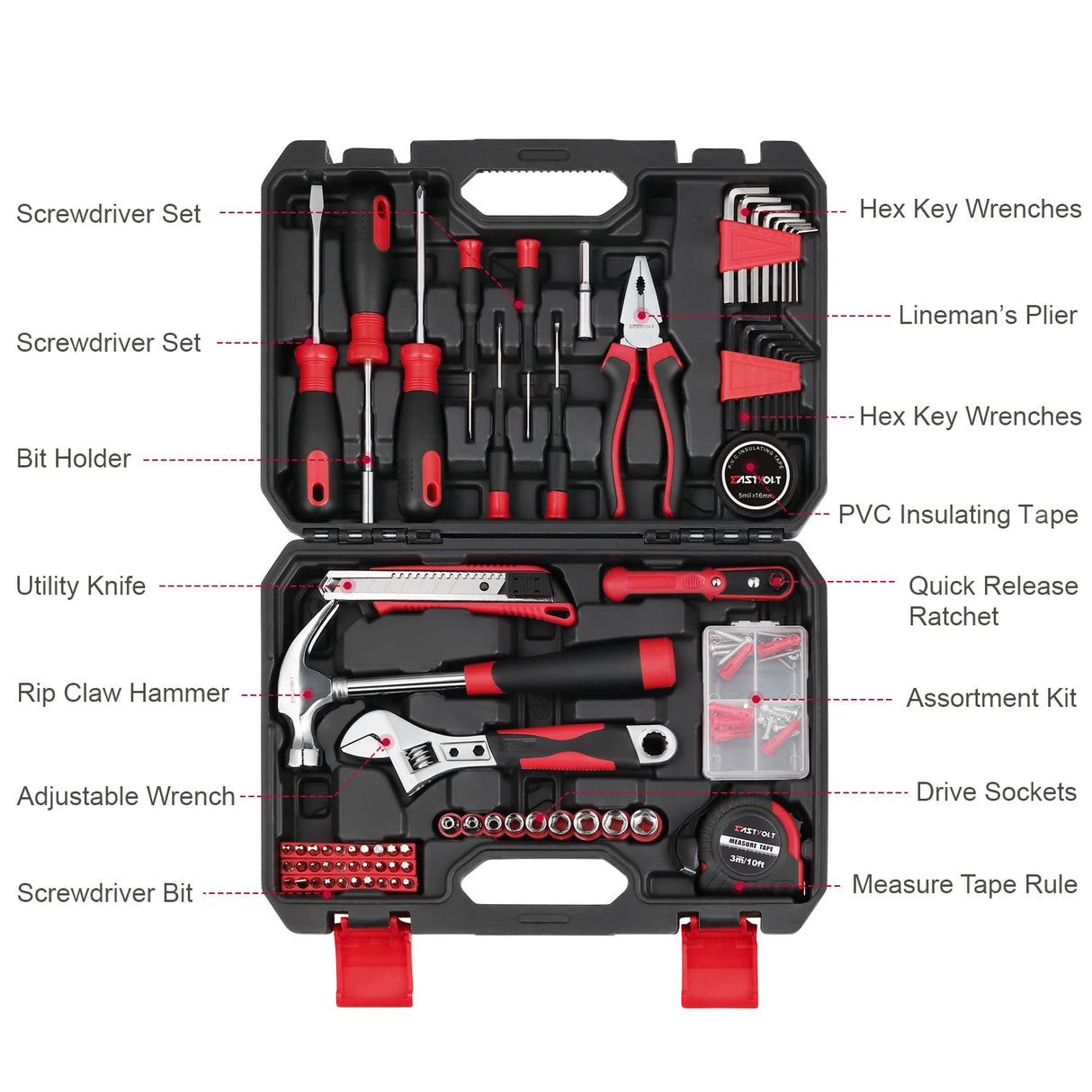 Eastvolt 128-Piece Home Repair Tool Set, Tool Sets for Homeowners, General Household Hand Tool Set with Storage Toolbox, EVHT12801, Black + Red (ASK01) Eastvolt
