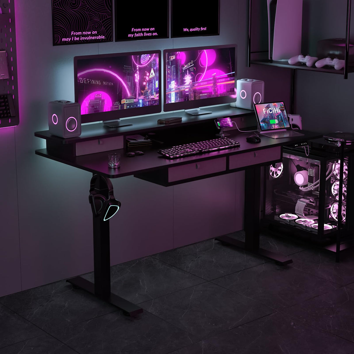 FICIHI Electric Standing Desk USB A/C Charging Port, Electric Height Adjustable Desk, 63 x 30 inches Desk with 4 Drawers,Larger Table Legs,Ergonomic Workstation Suitable for Home Gaming Office FICIHI