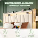 koorlian Queen Bed Frame with 4 Dustproof Drawers and 2-Tier Storage Headboard, 51”Tall Upholstered Platform Bed Frame with Adjustable Headboard, Charging Station, LED Lights, Easy Assembly, Beige koorlian