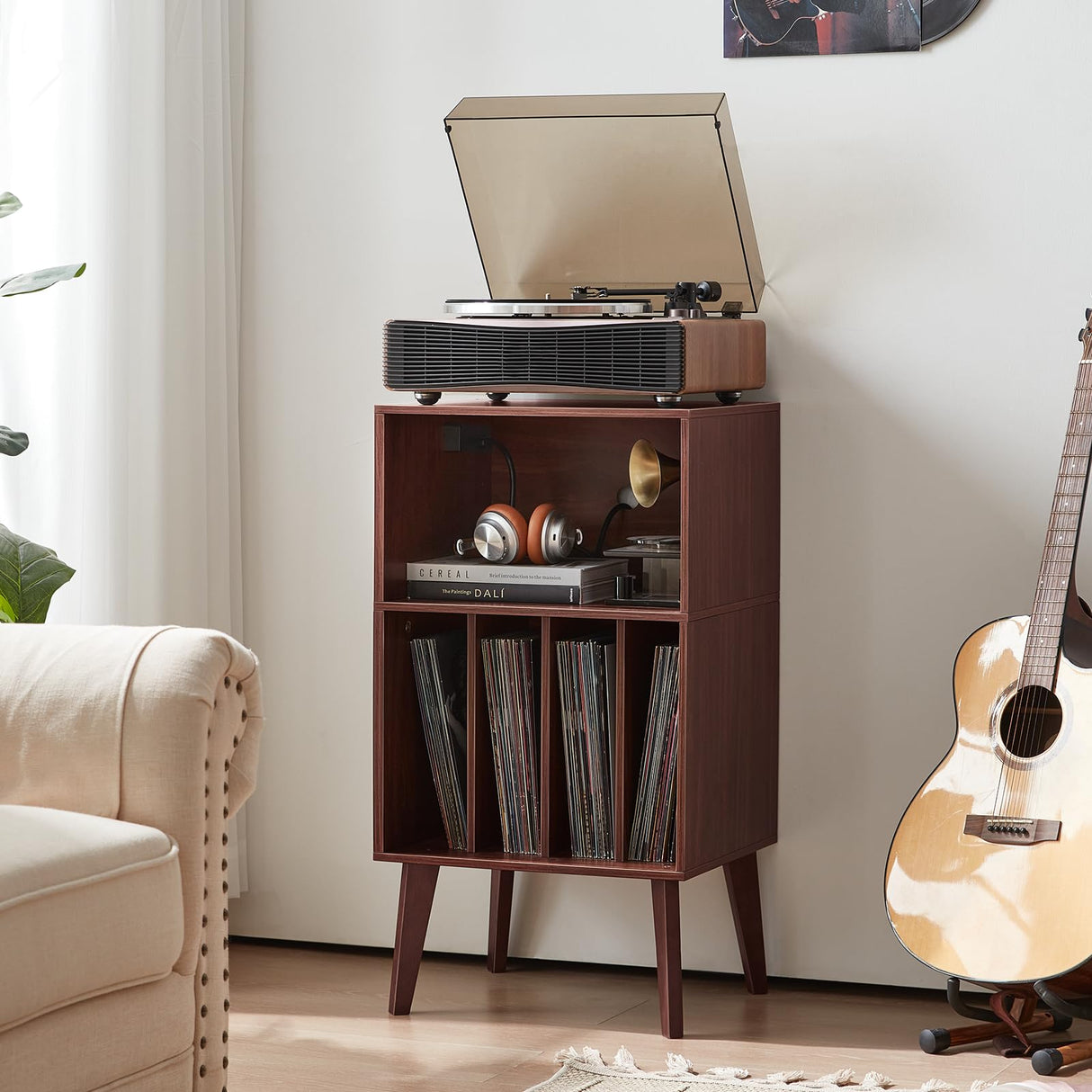 Lerliuo Record Player Stand with Charging Station, Walnut Turntable Stand Holds up to 160 Albums, Mid-Century Vinyl Storage Cabinet Table with Wood Legs, Record Holder Dispaly Shelf for Living Room Lerliuo