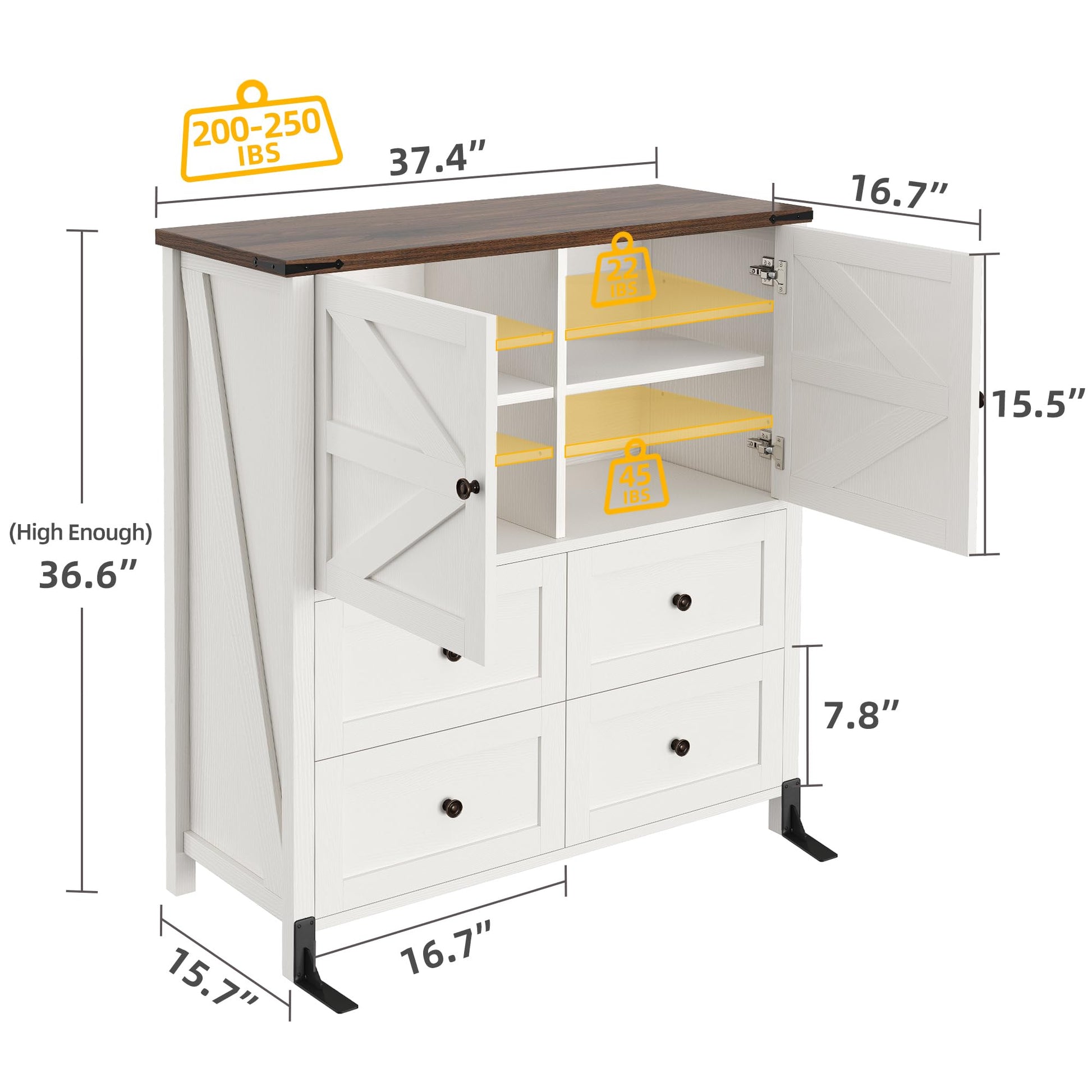 DWVO 4 Drawer Dresser - Farmhouse Chest of Drawers for Bedroom, 37" Tall Modern Dresser Cabinet Barn Doors with Adjustable Shelf, Wood Storage Organizer for Living Room, Hallway, Closet, Whit - WoodArtSupply