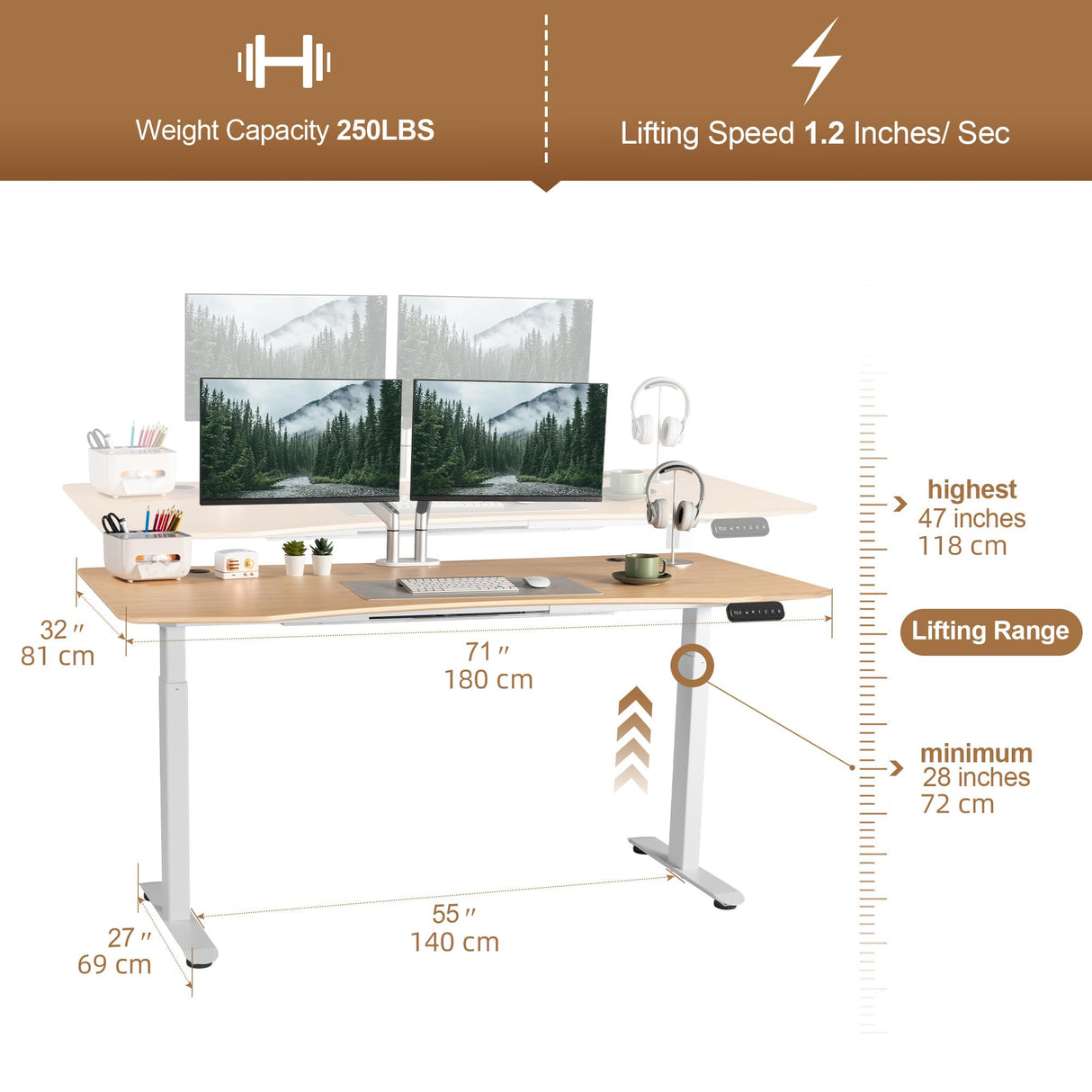 FinerCrafts Electric Standing Desk 71 x 32 Inches Dual-Motor Height Adjustable Desk Electric Sit Stand Desk Home Office Desks Whole Piece Desk Board (Natural Maple Desktop/White Frame) FinerCrafts