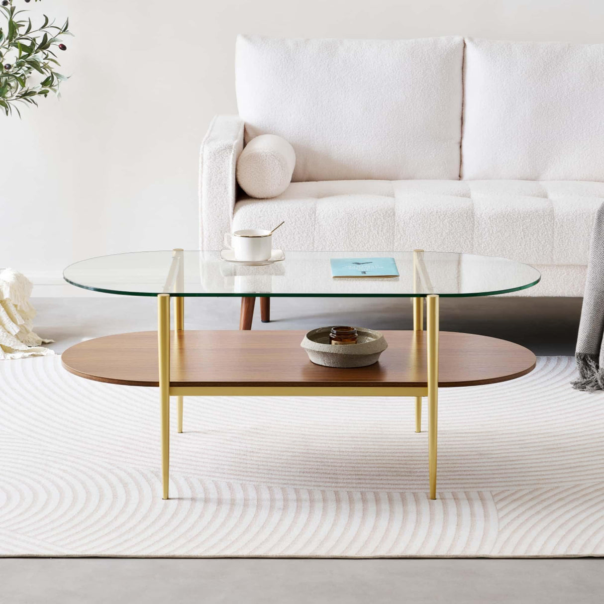 LumFurn Oval Glass Coffee Table, Mid-Century Modern Design, L41 x W21 x H17 inch, for Living Room, 2-Tier Structure, Clear Glass Top and Walnut Finish Wood Shelf, Conical Legs with Gold Finish Frame LumFurn