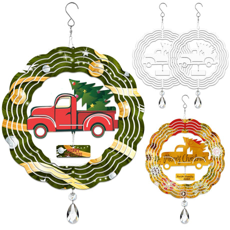 WindMage 4Pack 8inch Sublimation Wind Spinner Blanks 3D Aluminum Metal Wind Sculpture Kinetic Spinners for Yard Garden Indoor Art Sublimation Christmas Ornament Hanging Decoration (Xmas Tree Truck) WindMage