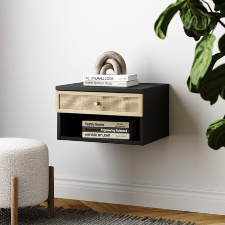 Nathan James Jackson Modern Floating Bedside Nightstand with Drawer, 1, Black/Rattan Nathan James